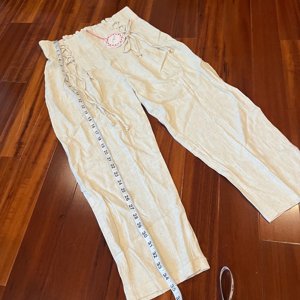 Umgee Linen Pants Wide Leg Paperbag Tie Lace Up Elastic Beige Oatmeal New Large - Picture 6 of 10